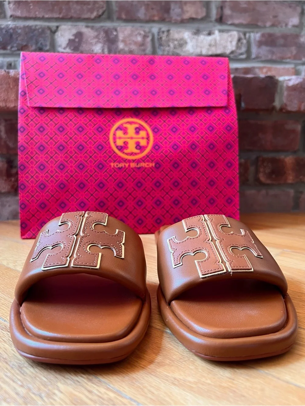 Tory Burch Tan Miele & Gold Leather Double T Sport Slide Sandals
